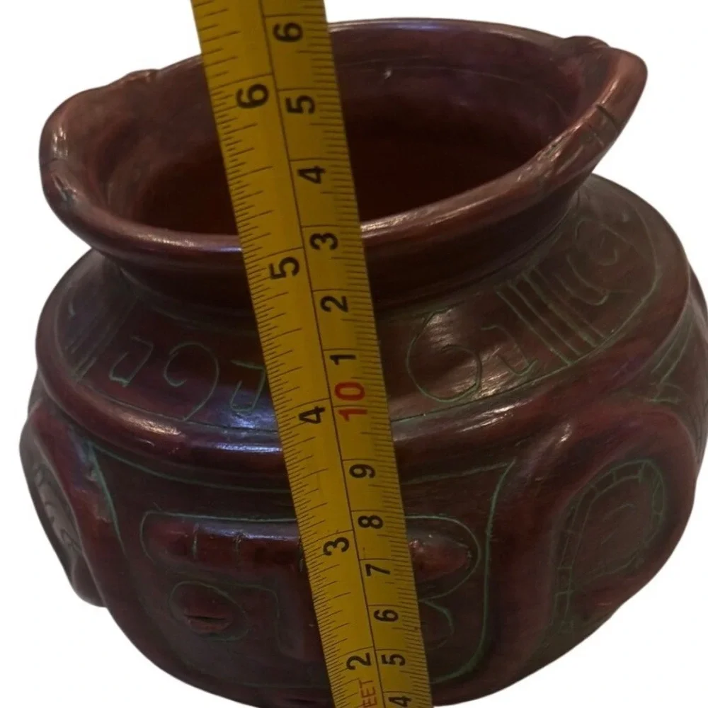 Handmade Red Clay Pottery Vessel Incised Tribal Face Design Green Accents 5